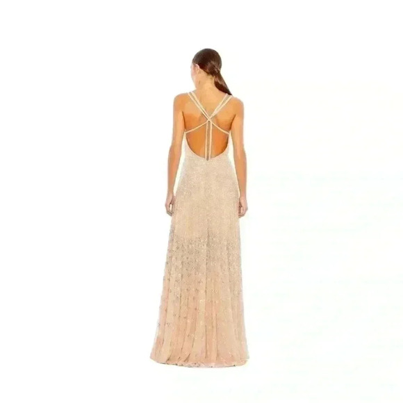 NWT Mac Duggal Size 10 Sleeveless Beaded Open Back Gown Nude Silver - Picture 2 of 14